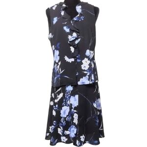Nine & Co Blue 2pc Floral Sleeveless V-neck Blouse Flared Mid-calf Skirt Size 10
